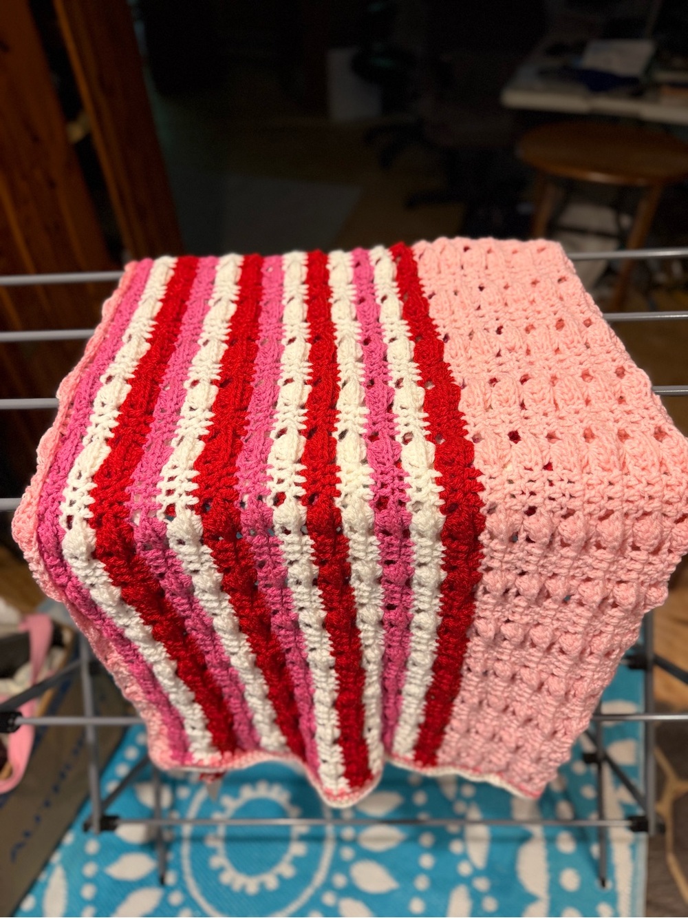 Handmade Crochet Baby/Lap Blanket in Pink, Red & Cream